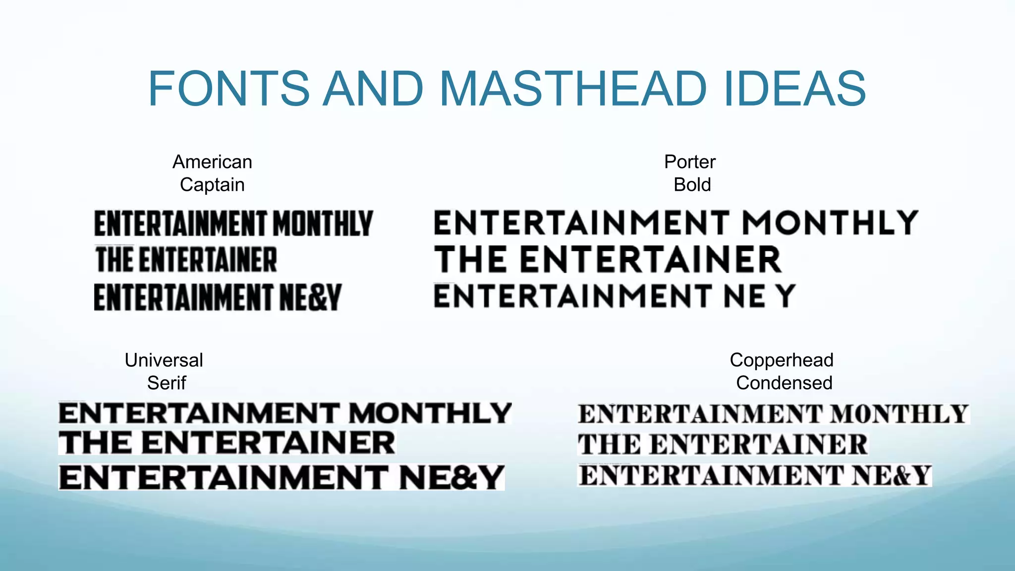 FONTS AND MASTHEAD IDEAS
American
Captain
Porter
Bold
Universal
Serif
Copperhead
Condensed