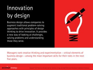 Innovation
by design
Copyright © 2017 Accenture All rights reserved. Accenture, its logo, and High Performance Delivered a...