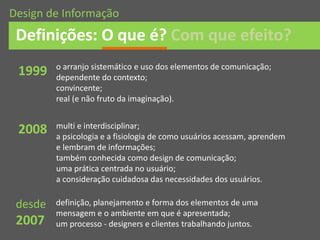 Definições: O que é? Com que efeito?
Design de Informação
o arranjo sistemático e uso dos elementos de comunicação;
dependente do contexto;
convincente;
real (e não fruto da imaginação).
1999
2008 multi e interdisciplinar;
a psicologia e a fisiologia de como usuários acessam, aprendem
e lembram de informações;
também conhecida como design de comunicação;
uma prática centrada no usuário;
a consideração cuidadosa das necessidades dos usuários.
desde
2007
definição, planejamento e forma dos elementos de uma
mensagem e o ambiente em que é apresentada;
um processo - designers e clientes trabalhando juntos.
 