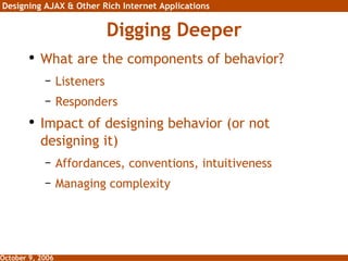 Digging Deeper What are the components of behavior? Listeners Responders Impact of designing behavior (or not designing it) Affordances, conventions, intuitiveness Managing complexity 