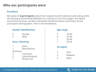 3 | Designing Ballot Cure Forms: Research & Recommendations
Who our participants were
Procedure
We spoke to 8 participants...