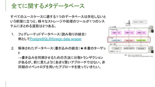 全てに関するメタデータベース
すべてのユースケースに適する１つのデータベースは存在しないと
いう前提に立つと、様々なストレージや処理のツールが１つのシス
テムにまとめる道筋は２つある。
1. フェデレーテッドデータベース（読み取りの統合）
例としてPostgreSQLのforeign data wraper
2. 解体されたデータベース（書き込みの統合）★本書のターゲッ
ト
→書き込みを同期させるための方法に分散トランザクション
があるが、前に見たようにあまり賢いアプローチではない。非
同期のイベントログを用いたアプローチを使っていきたい。
 