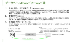 データベースのエンドツーエンド論
1. 操作を厳密に一度だけ実行する
（正確性を得るのに手間）
メッセージングシステムのセマンティクスは、at-least-onceかat-most-onceが一般的。メッセージをロストするか、重複
して送られる可能性を考慮する。重複して送られても問題なくするためにはアプリケーション側で冪等な処理にする必
要がある。冪等な処理をするにはメタデータの管理など必要。
2. 重複の抑制（正確性なし）
RDBのトランザクションでCOMMITしたが、そのレスポンスを受け取れなかった場合、アプリ側は再送して二重処理と
なる。ネットワークを介す操作を冪等にするのに、トランザクション処理だけでは不十分。
3. 操作識別子（エンドツーエンド）★
リクエストのエンドツーエンドのフローを考慮する必要あり。クライアント側からデータベースまでの一貫したリクエストID
をもつ必要がある。
アプリケーション Database
ユーザ からユーザ へ送金
送金 入金
引き落とし
はユニークキー
エンドツーエンドで考える
 