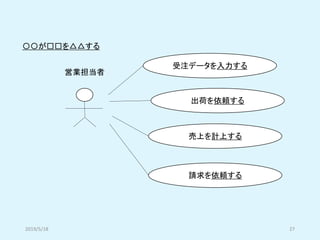 受注データを入力する
出荷を依頼する
売上を計上する
請求を依頼する
営業担当者
〇〇が□□を△△する
2019/5/18 27
 