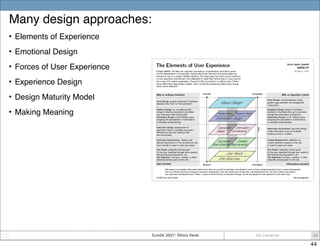 Many design approaches:
• Elements of Experience

• Emotional Design

• Forces of User Experience

• Experience Design

• ...