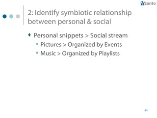 2: Identify symbiotic relationship between personal & social <ul><li>Personal snippets > Social stream </li></ul><ul><ul><...