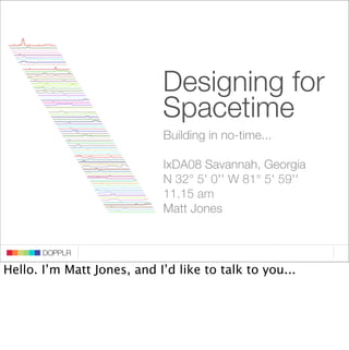 Designing for
                             Spacetime
                             Building in no-time...

                             IxDA08 Savannah, Georgia
                             N 32° 5' 0'' W 81° 5' 59''

                            DOPPLR
                             11.15 am
                             Matt Jones
                   DOPPLR
          DOPPLR

Hello. I’m Matt Jones, and I’d like to talk to you...
Where next?
Where next?
Where next?
