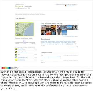 DOPPLR
                  DOPPLR
         DOPPLR
Each trip is the central ‘social object’ of Dopplr... Here’s my trip page ...