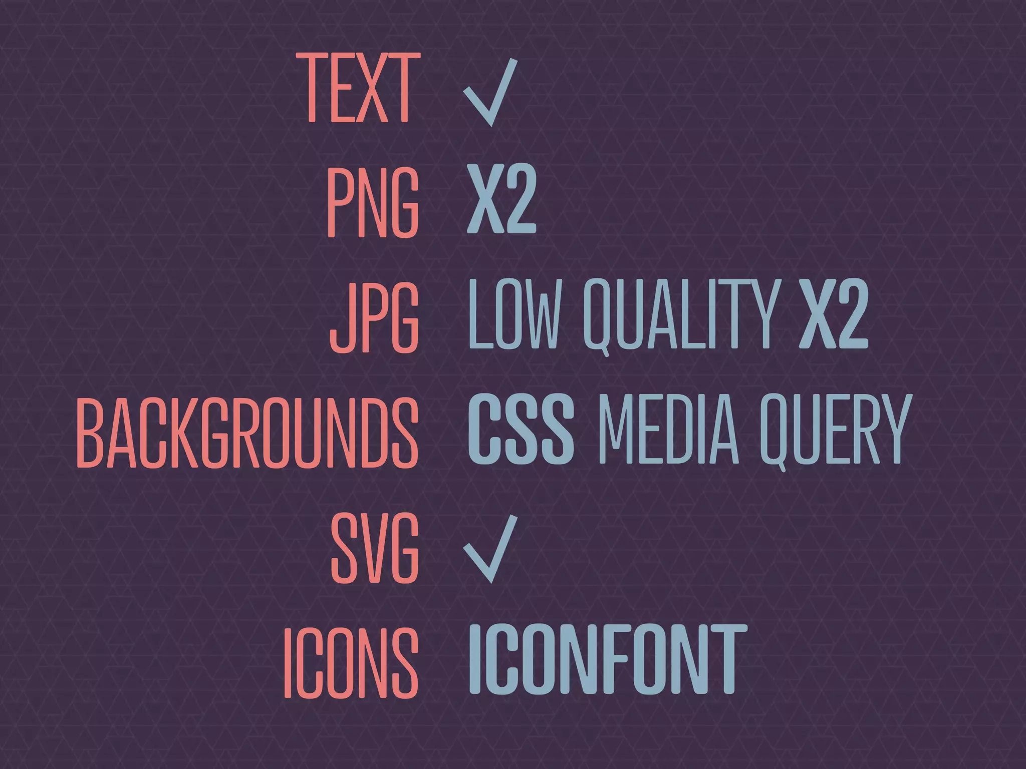 TEXT
         PNG   X2
         JPG   LOW QUALITY X2
BACKGROUNDS    CSS MEDIA QUERY
         SVG
       ICONS   ICONFONT
 