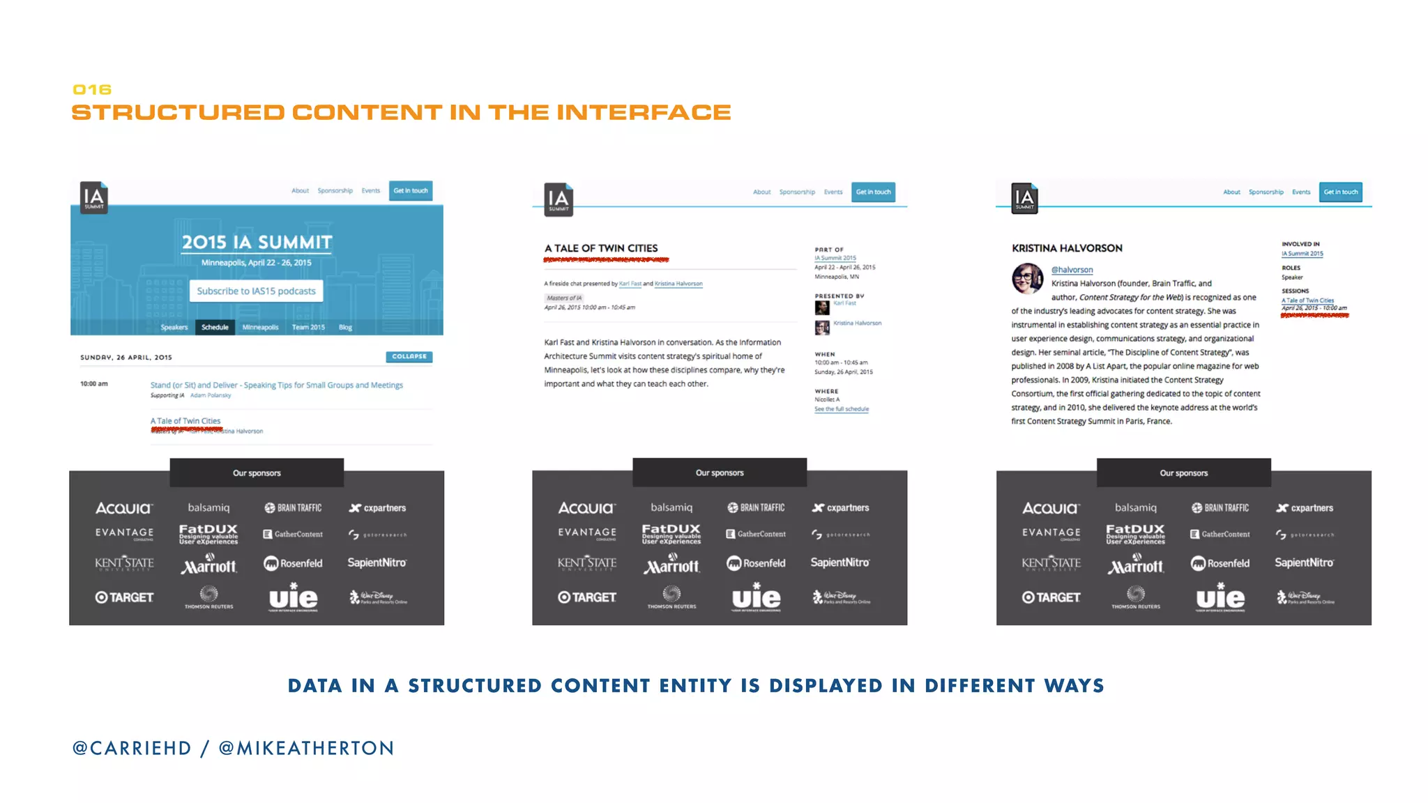 klqbp=cRlj=Rbpb^R`e=fkqbRsfbt
CONCEPTS EXTRACTED
160
@CARRIEHD
Brand: The overall brand, distinct from specific events.
Event: The 2016 IA Summit is an event.
Location: Place the event is held. Different city each year.
Venue: Within the location, a specific venue (usually a hotel)
houses the event.
Hotel: The ‘official’ hotel for attendee accommodation. Usually
this is the same as the event venue, though not necessarily.
Person: An individual associated with one or more events.
Role: The specific role (such as a speaker, co-chair, or
volunteer) a person has within an event. A person may hold
one or more roles for the same event.
Topic: May refer to the subject theme of a specific session, or
an overall event.
Session: A specific occurrence within an event, such as a
workshop or social.
Session format: The type of session, such as 45m talk, social, or
workshop.
Track: A thematic grouping of sessions
Sponsor: Company who sponsors an event or specific session
 