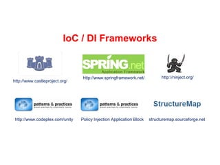 IoC / DI Frameworks http://www.castleproject.org/ http://www.springframework.net/ http://ninject.org/ http://www.codeplex.com/unity Policy Injection Application Block structuremap.sourceforge.net 