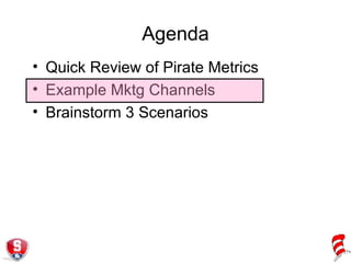 Agenda Quick Review of Pirate Metrics Example Mktg Channels Brainstorm 3 Scenarios 