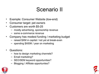Scenario II Example: Consumer Website (low-end) Consumer target: pet owners Customers are worth $5-25 mostly advertising, sponsorship revenue some e-commerce revenue Company has modest funding / marketing budget raised $XM in capital / not yet at break-even spending $X00K / year on marketing Questions: how to design marketing channels? Email marketing? SEO/SEM keyword opportunities? Blogging / Affiliate opportunites? 
