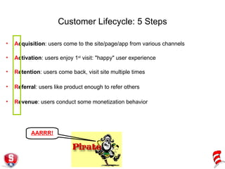 Customer Lifecycle: 5 Steps A cquisition : users come to the site/page/app from various channels A ctivation : users enjoy 1 st  visit: "happy" user experience R etention : users come back, visit site multiple times R eferral : users like product enough to refer others R evenue : users conduct some monetization behavior AARRR! 