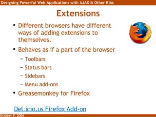 Extensions ,[object Object],[object Object],[object Object],[object Object],[object Object],[object Object],[object Object],Del.icio.us Firefox Add-on 