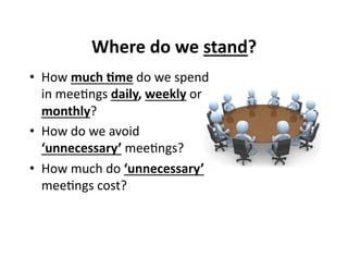 • How 
Where 
do 
we 
stand? 
much 
&me 
do 
we 
spend 
in 
mee,ngs 
daily, 
weekly 
or 
monthly? 
• How 
do 
we 
avoid 
‘unnecessary’ 
mee,ngs? 
• How 
much 
do 
‘unnecessary’ 
mee,ngs 
cost? 
 