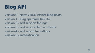 Blog API
version 0 - Naive CRUD API for blog posts.
version 1 - blog api made RESTful
version 2 - add support for tags
version 3 - add support for comments
version 4 - add suport for authors
version 5 - authentication
36
 