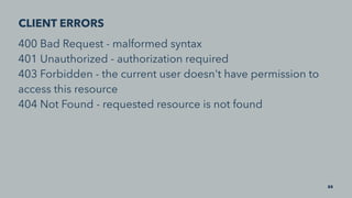 CLIENT ERRORS
400 Bad Request - malformed syntax
401 Unauthorized - authorization required
403 Forbidden - the current use...
