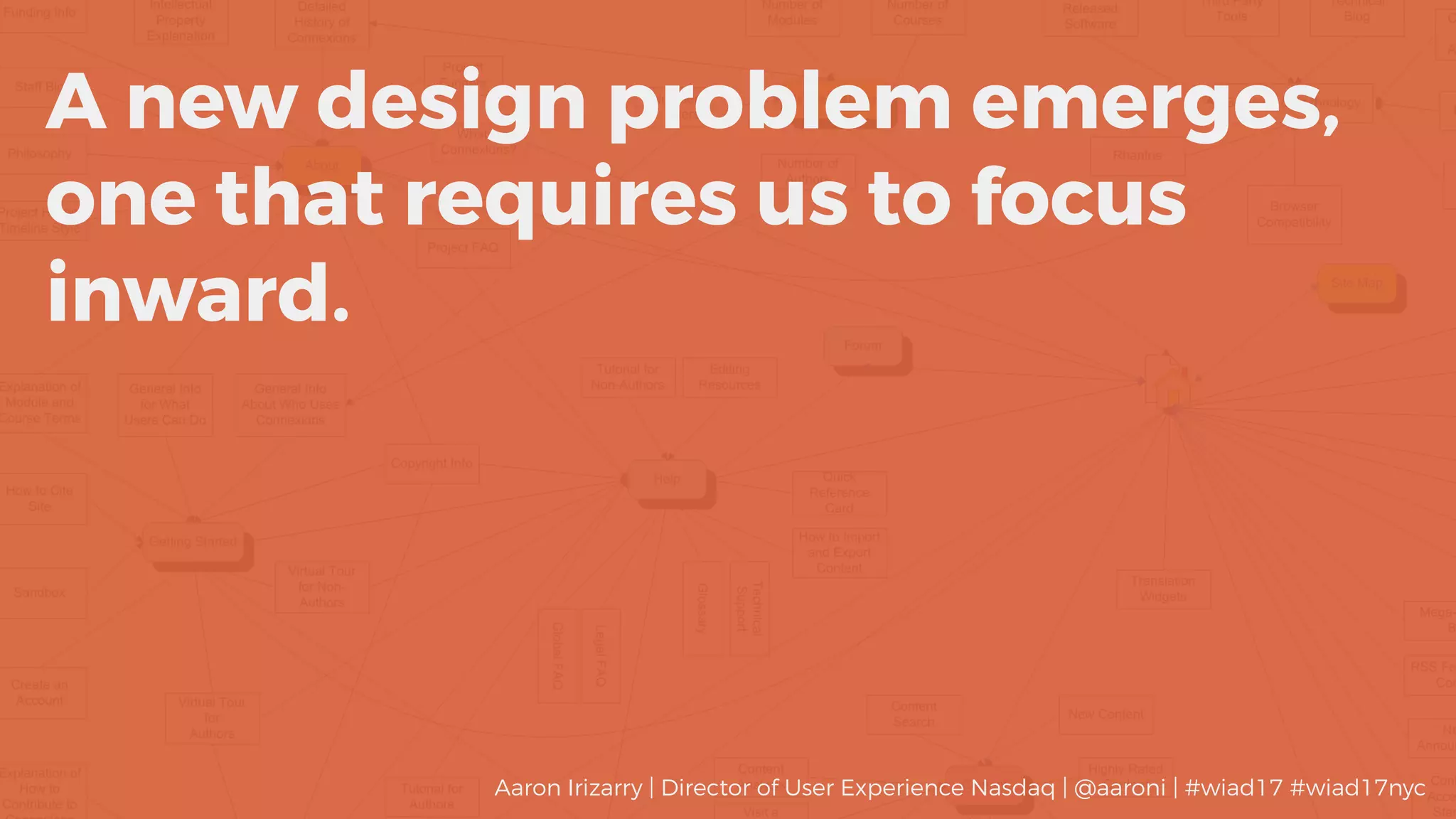 A new design problem emerges,
one that requires us to focus
inward.
Aaron Irizarry | Director of User Experience Nasdaq | @aaroni | #wiad17 #wiad17nyc
 