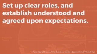 Set up clear roles, and
establish understood and
agreed upon expectations.
Aaron Irizarry | Director of User Experience Nasdaq | @aaroni | #wiad17 #wiad17nyc
 