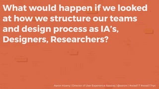 What would happen if we looked
at how we structure our teams
and design process as IA’s,
Designers, Researchers?
Aaron Irizarry | Director of User Experience Nasdaq | @aaroni | #wiad17 #wiad17nyc
 