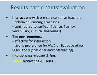 Results participants’evaluation
•   Interactions with pre-service native teachers:
    - enhanced learning processes
    - contributed to: self-confidence, fluency,
    vocabulary, cultural awareness).
•   The environments:
    - effective for interaction
    - strong preference for VWC or SL above other
    SCMC tools (chat or audioconferencing).
•   Interactions: relevant & fun.
•   Tasks: motivating & useful.
 
