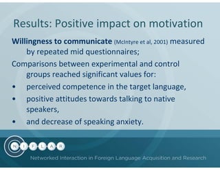 Results: Positive impact on motivation
Willingness to communicate (McIntyre et al, 2001) measured
    by repeated mid questionnaires;
Comparisons between experimental and control
    groups reached significant values for:
• perceived competence in the target language,
• positive attitudes towards talking to native
    speakers,
• and decrease of speaking anxiety.
 
