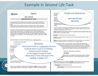 Example in Second Life:Task
           Task 2                             People and adventures:

                                                 -pre-task & task
                                                    -NS & FLL




               Scenarios:
-Participants meet at a restaurant and have
   to decide where to go to on holidays:
         winter/summer holidays.
      -Go to a hotel (reception/room)
  -- Depending on their choice go to the
          summer or winter slurl
 