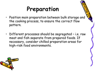 Preparation Position main preparation between bulk storage and the cooking process, to ensure the correct flow pattern.  Different processes should be segregated – i.e. raw meat and fish separate from prepared foods. If necessary, consider chilled preparation areas for high-risk food environments.  