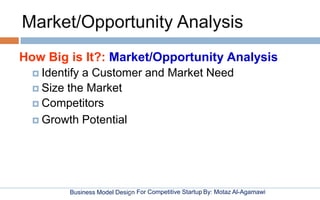 Business Model Design By: Motaz Al-AgamawiFor Competitive Startup
Market/Opportunity Analysis
How Big is It?: Market/Oppor...