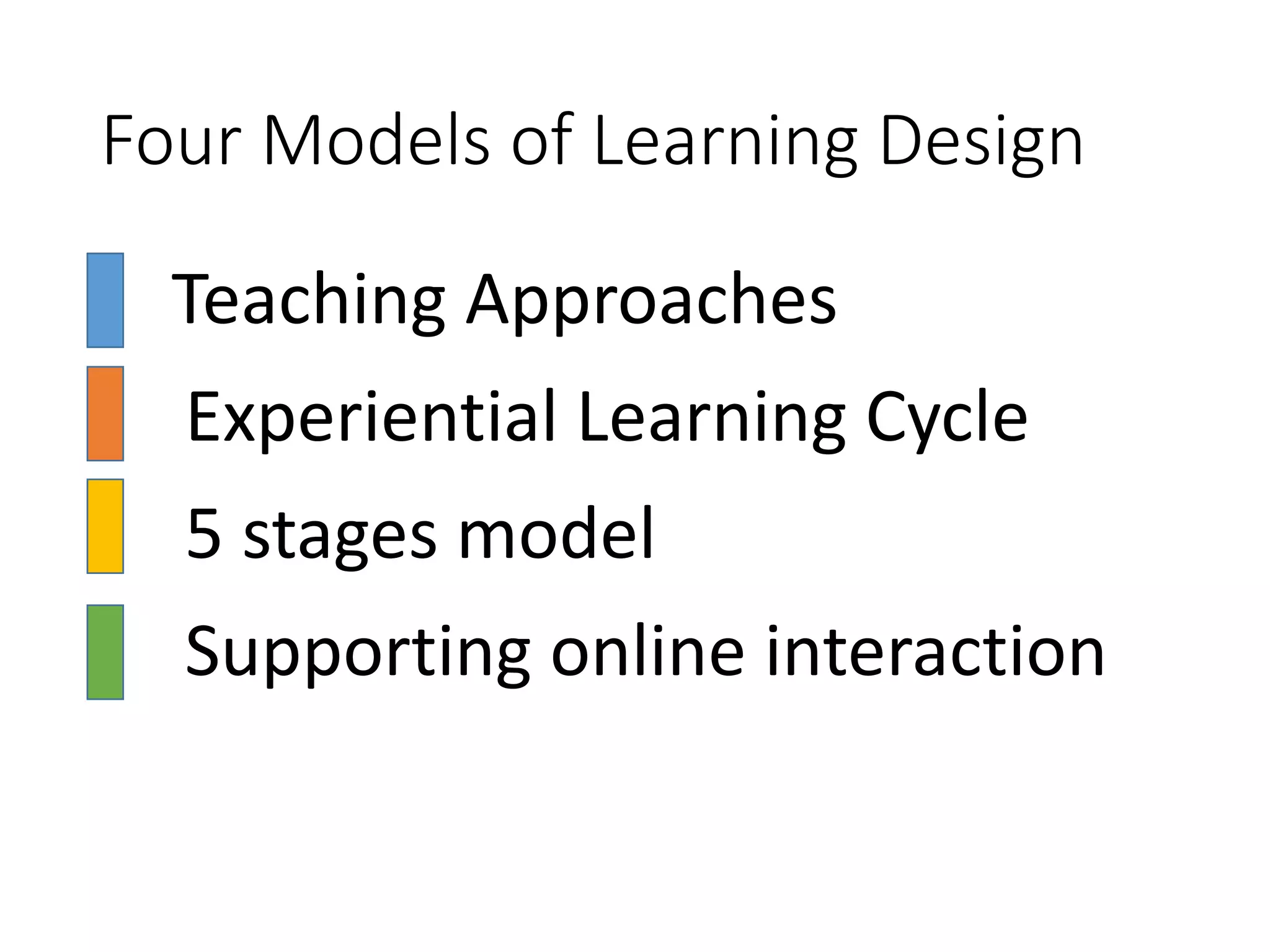 Four Models of Learning Design
• Teaching Approaches
• Experiential Learning Cycle
• 5 stages model
• Supporting online interaction
 