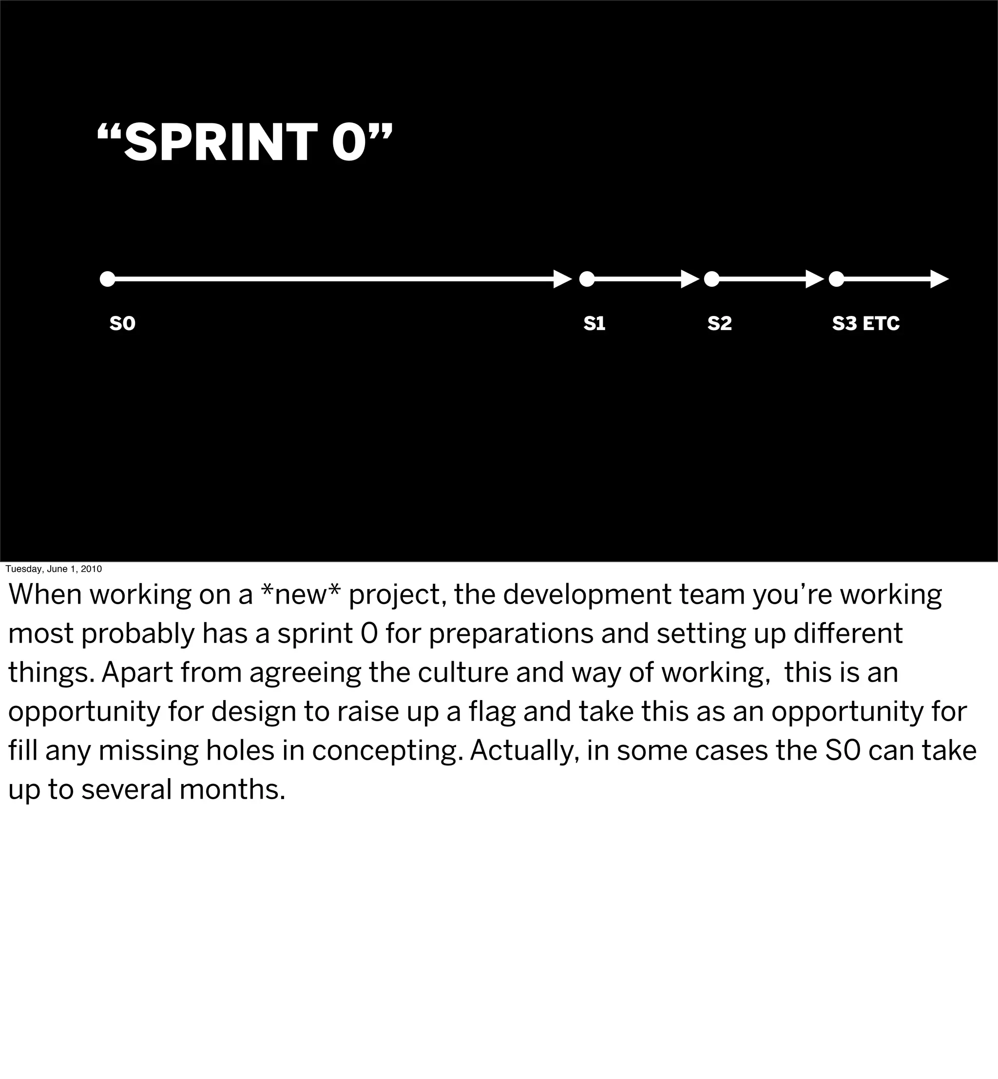 “SPRINT 0”


                        S0                   S1       S2        S3 ETC




Tuesday, June 1, 2010


When working on a *new* project, the development team you’re working
most probably has a sprint 0 for preparations and setting up di erent
things. Apart from agreeing the culture and way of working, this is an
opportunity for design to raise up a ﬂag and take this as an opportunity for
ﬁll any missing holes in concepting. Actually, in some cases the S0 can take
up to several months.
 