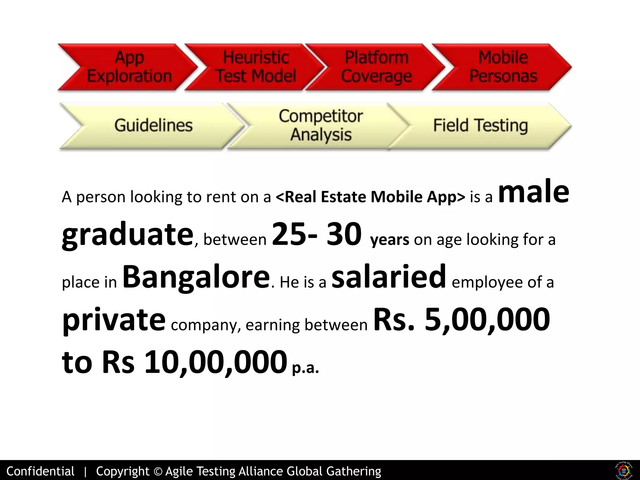 A person looking to rent on a <Real Estate Mobile App> is a male 
graduate, between 25- 30 years on age looking for a 
place in Bangalore. He is a salaried employee of a 
private company, earning between Rs. 5,00,000 
to Rs 10,00,000 p.a. 
Confidential | Copyright © Agile Testing Alliance Global Gathering 
 
