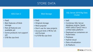 MODEL & SERVE DATA
Azure SQL DW
• PaaS
• Fully managed
petabyte scale
cloud DW
• Can scale compute
and storage
independent...