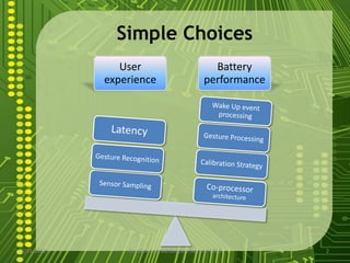 Simple Choices
               User                             Battery
            experience                        performance




2/14/2012       Costillo- Android Builders Summit 2012      2
 