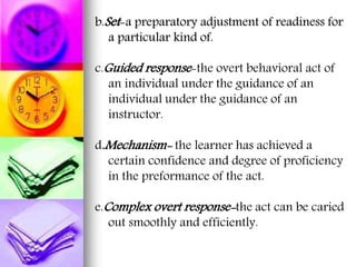 b.Set-a preparatory adjustment of readiness for
a particular kind of.
c.Guided response-the overt behavioral act of
an individual under the guidance of an
individual under the guidance of an
instructor.
d.Mechanism- the learner has achieved a
certain confidence and degree of proficiency
in the preformance of the act.
e.Complex overt response-the act can be caried
out smoothly and efficiently.
 