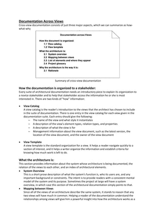 Documentation Across Views
Cross-view documentation consists of just three major aspects, which we can summarize as how-
what-why
Summary of cross-view documentation
How the documentation is organized to a stakeholder:
Every suite of architectural documentation needs an introductory piece to explain its organization to
a novice stakeholder and to help that stakeholder access the information he or she is most
interested in. There are two kinds of "how" information:
 View Catalog
A view catalog is the reader's introduction to the views that the architect has chosen to include
in the suite of documentation. There is one entry in the view catalog for each view given in the
documentation suite. Each entry should give the following:
– The name of the view and what style it instantiates
– A description of the view's element types, relation types, and properties
– A description of what the view is for
– Management information about the view document, such as the latest version, the
location of the view document, and the owner of the view document
 View Template
A view template is the standard organization for a view. It helps a reader navigate quickly to a
section of interest, and it helps a writer organize the information and establish criteria for
knowing how much work is left to do.
What the architecture is:
This section provides information about the system whose architecture is being documented, the
relation of the views to each other, and an index of architectural elements.
 System Overview
This is a short prose description of what the system's function is, who its users are, and any
important background or constraints. The intent is to provide readers with a consistent mental
model of the system and its purpose. Sometimes the project at large will have a system
overview, in which case this section of the architectural documentation simply points to that.
 Mapping between Views
Since all of the views of an architecture describe the same system, it stands to reason that any
two views will have much in common. Helping a reader of the documentation understand the
relationships among views will give him a powerful insight into how the architecture works as a
 