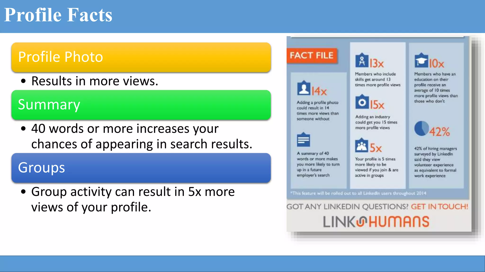 Profile Facts
Profile Photo
• Results in more views.
Summary
• 40 words or more increases your
chances of appearing in search results.
Groups
• Group activity can result in 5x more
views of your profile.
 