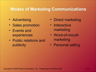 Copyright © 2009 Pearson Education, Inc. Publishing as Prentice Hall 17-4
Modes of Marketing Communications
• Advertising
...