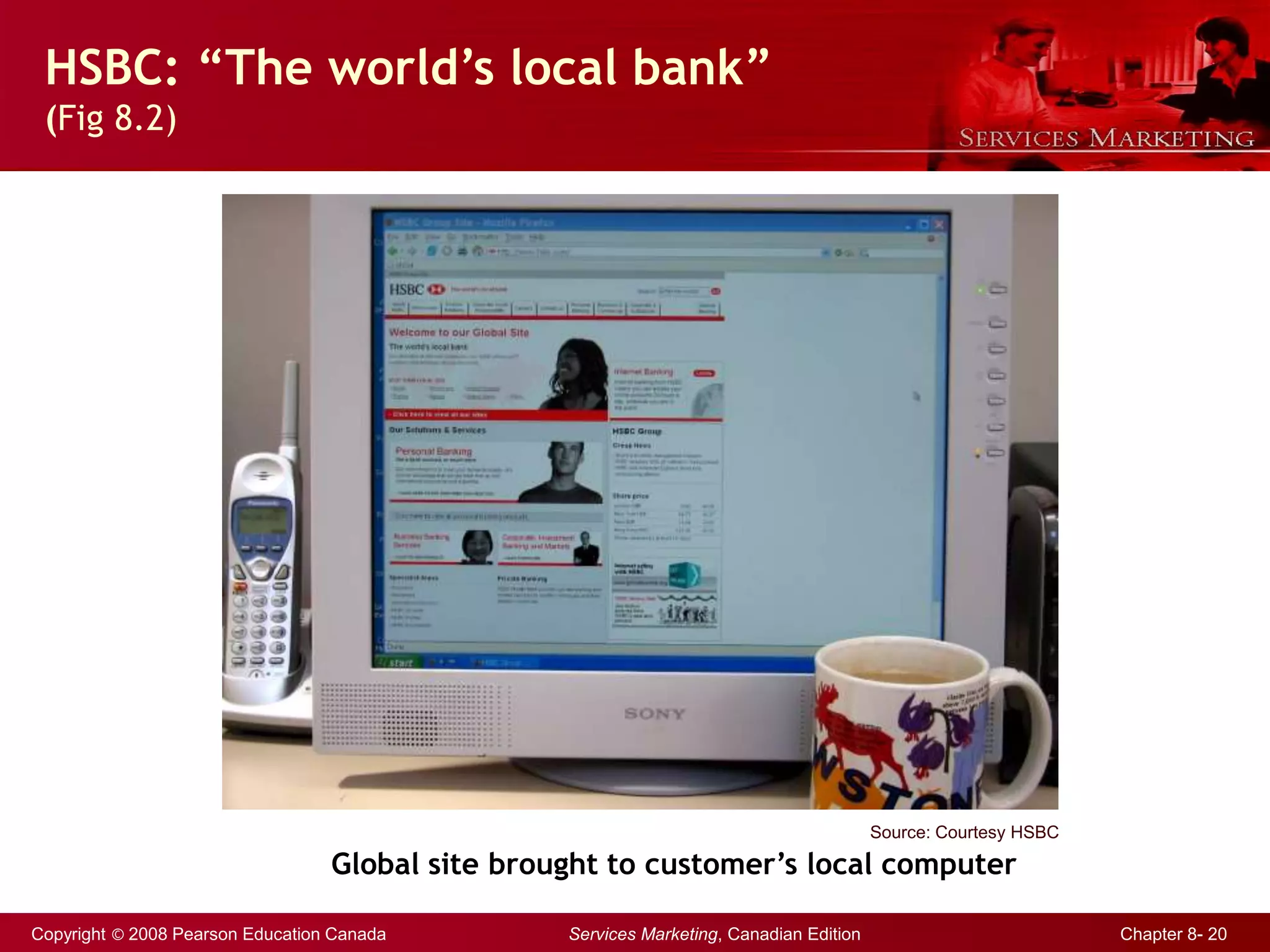 Copyright © 2008 Pearson Education Canada Services Marketing, Canadian Edition Chapter 8- 20
HSBC: “The world’s local bank”
(Fig 8.2)
Source: Courtesy HSBC
Global site brought to customer’s local computer
 