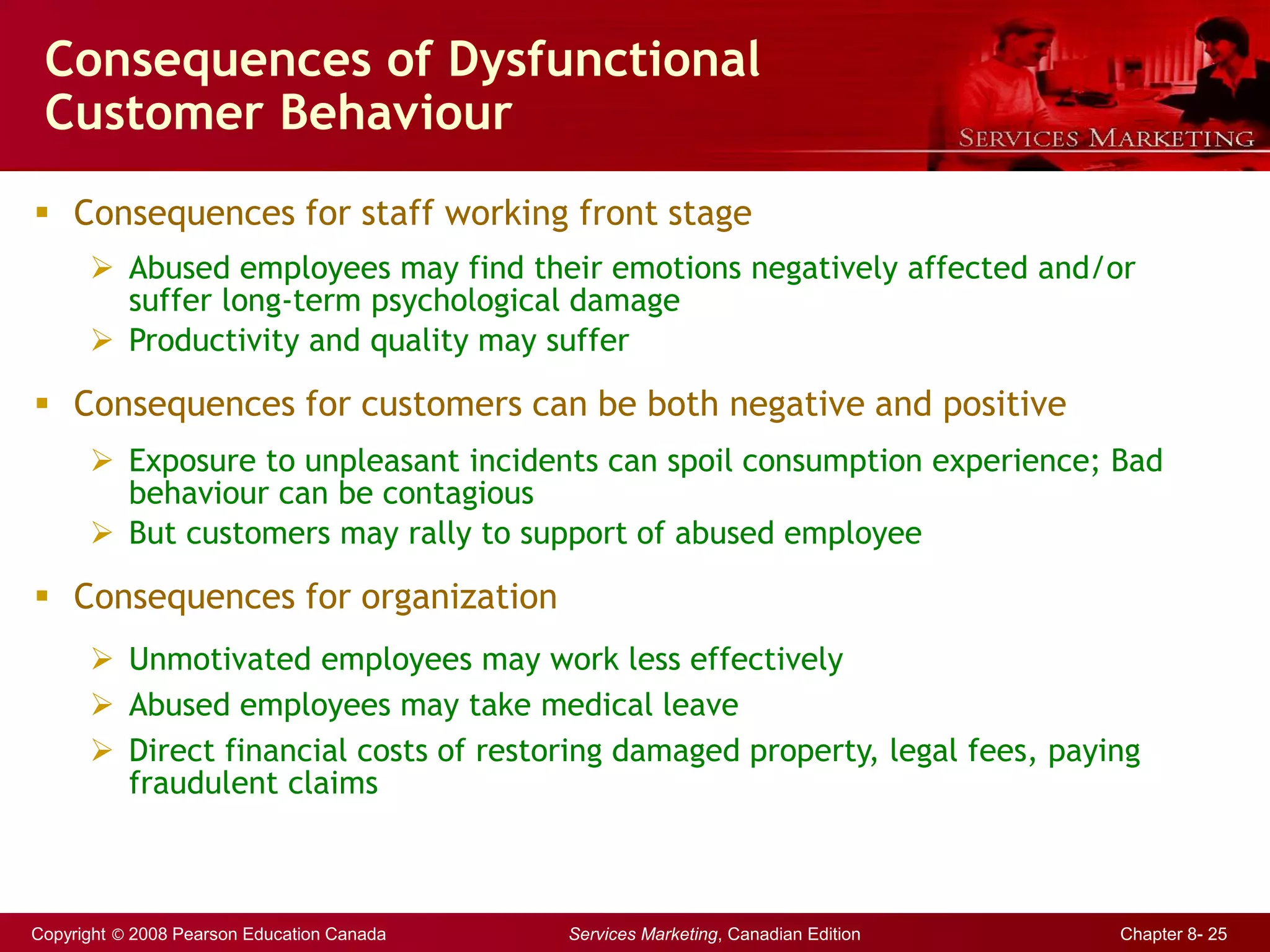 Copyright © 2008 Pearson Education Canada Services Marketing, Canadian Edition Chapter 8- 25
Consequences of Dysfunctional
Customer Behaviour
 Consequences for staff working front stage
 Abused employees may find their emotions negatively affected and/or
suffer long-term psychological damage
 Productivity and quality may suffer
 Consequences for customers can be both negative and positive
 Exposure to unpleasant incidents can spoil consumption experience; Bad
behaviour can be contagious
 But customers may rally to support of abused employee
 Consequences for organization
 Unmotivated employees may work less effectively
 Abused employees may take medical leave
 Direct financial costs of restoring damaged property, legal fees, paying
fraudulent claims
 