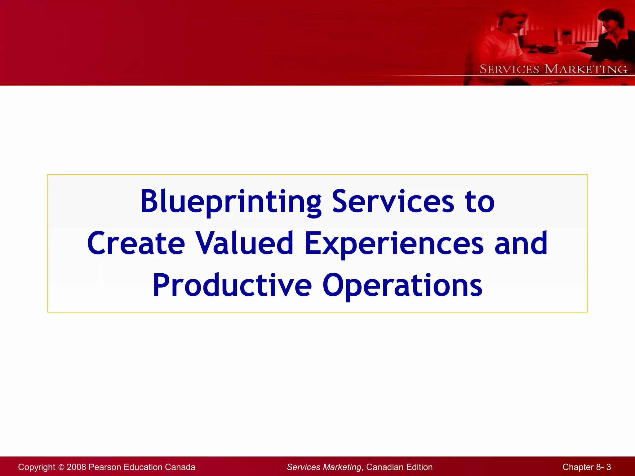 Copyright © 2008 Pearson Education Canada Services Marketing, Canadian Edition Chapter 8- 3
Blueprinting Services to
Create Valued Experiences and
Productive Operations
 