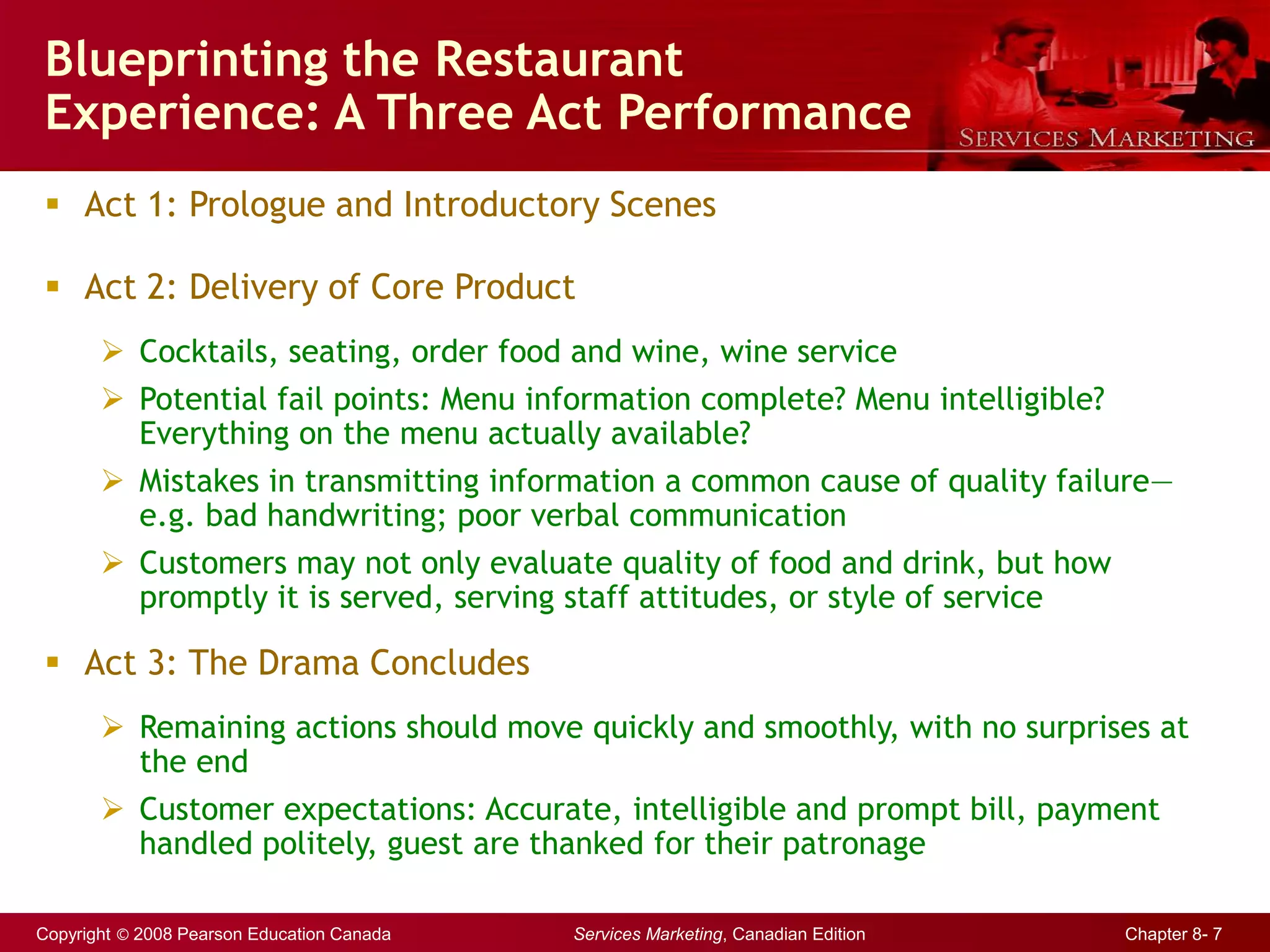 Copyright © 2008 Pearson Education Canada Services Marketing, Canadian Edition Chapter 8- 7
Blueprinting the Restaurant
Experience: A Three Act Performance
 Act 1: Prologue and Introductory Scenes
 Act 2: Delivery of Core Product
 Cocktails, seating, order food and wine, wine service
 Potential fail points: Menu information complete? Menu intelligible?
Everything on the menu actually available?
 Mistakes in transmitting information a common cause of quality failure—
e.g. bad handwriting; poor verbal communication
 Customers may not only evaluate quality of food and drink, but how
promptly it is served, serving staff attitudes, or style of service
 Act 3: The Drama Concludes
 Remaining actions should move quickly and smoothly, with no surprises at
the end
 Customer expectations: Accurate, intelligible and prompt bill, payment
handled politely, guest are thanked for their patronage
 