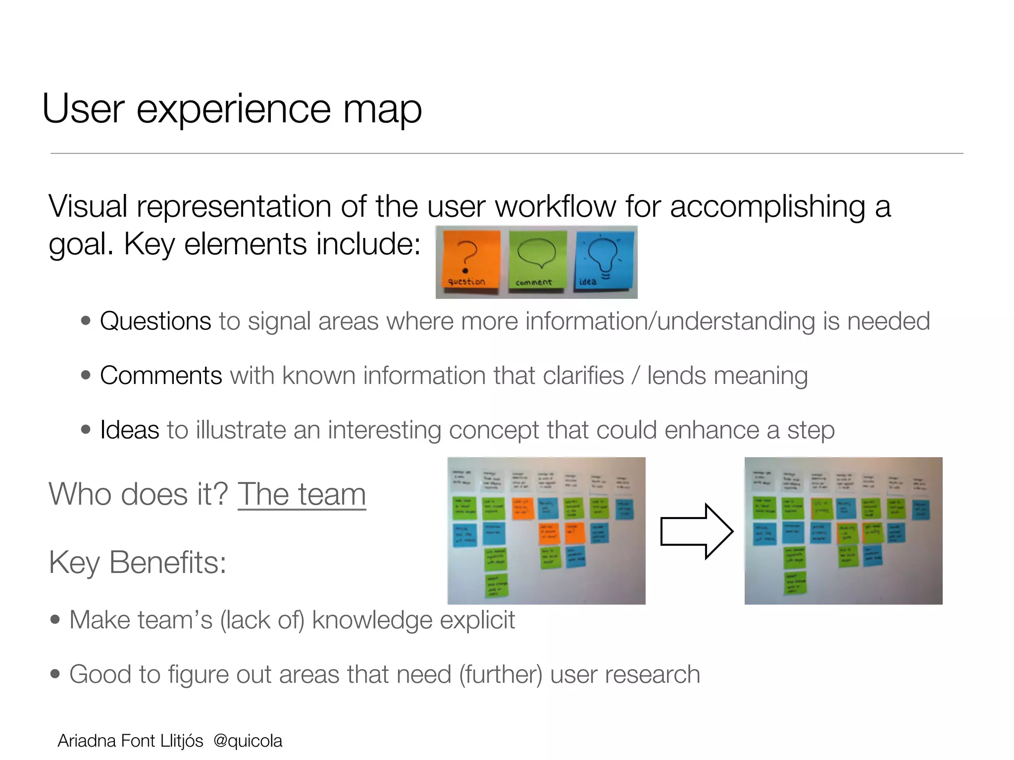User experience map

Visual representation of the user workﬂow for accomplishing a
goal. Key elements include:






      •  Questions to signal areas where more information/understanding is needed

      •  Comments with known information that clariﬁes / lends meaning 

      •  Ideas to illustrate an interesting concept that could enhance a step

Who does it? The team

Key Beneﬁts:
•  Make team’s (lack of) knowledge explicit 

•  Good to ﬁgure out areas that need (further) user research

    Ariadna Font Llitjós @quicola
 