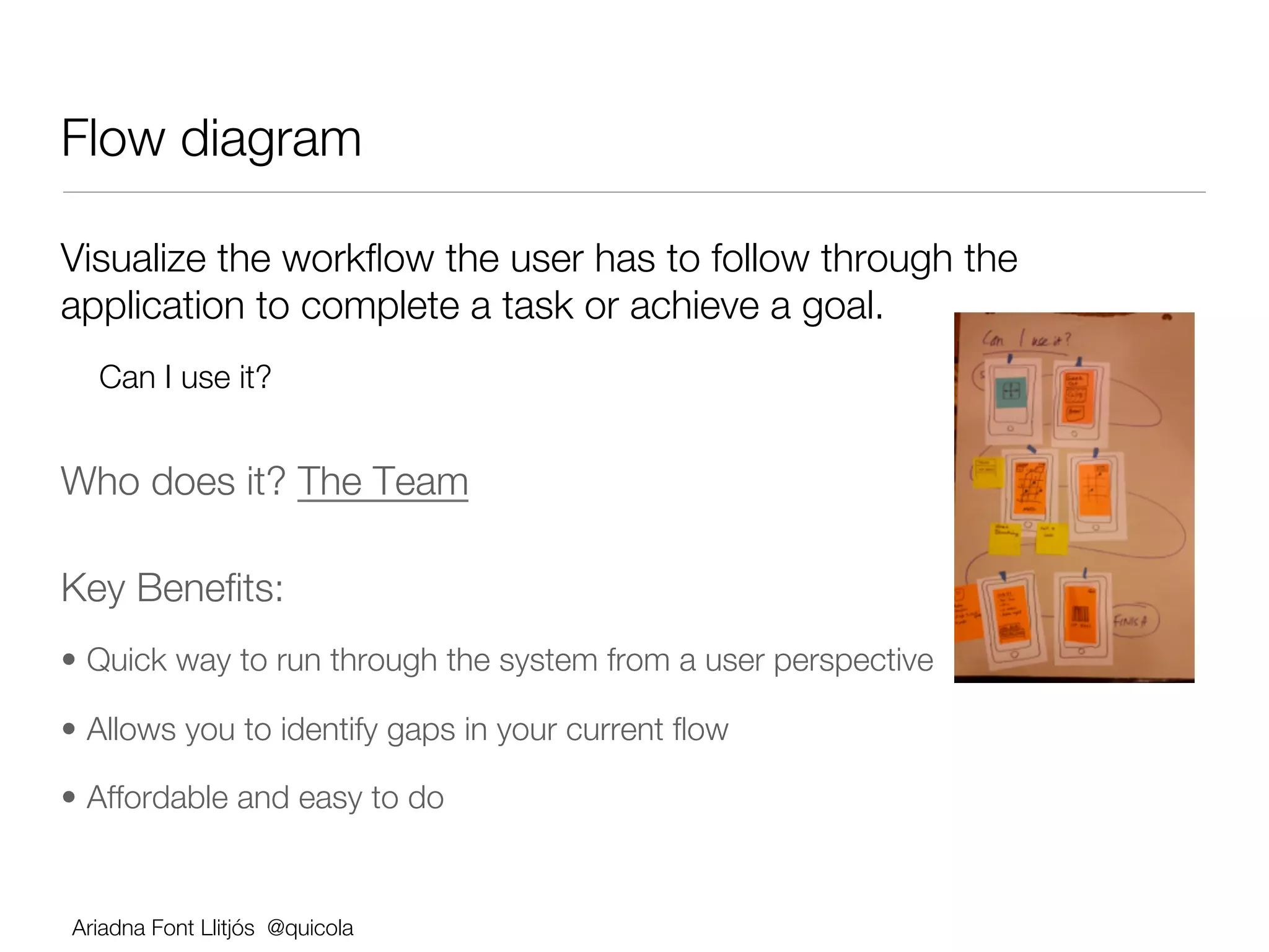 Flow diagram 

Visualize the workﬂow the user has to follow through the
application to complete a task or achieve a goal.
  Can I use it? 


Who does it? The Team            




Key Beneﬁts:
•  Quick way to run through the system from a user perspective 

•  Allows you to identify gaps in your current ﬂow

•  Affordable and easy to do 


Ariadna Font Llitjós @quicola
 