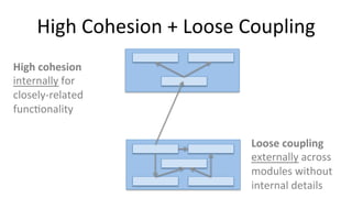 High	cohesion		
internally	for		
closely-related	
funcIonality	
Loose	coupling		
externally	across	
modules	without	
internal	details	
High	Cohesion	+	Loose	Coupling	
 