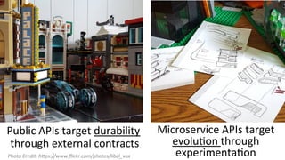 Public	APIs	target	durability	
	through	external	contracts	
	
Microservice	APIs	target	
evoluIon	through	
experimentaIon	Photo	Credit:	h,ps://www.ﬂickr.com/photos/libel_vox	
 
