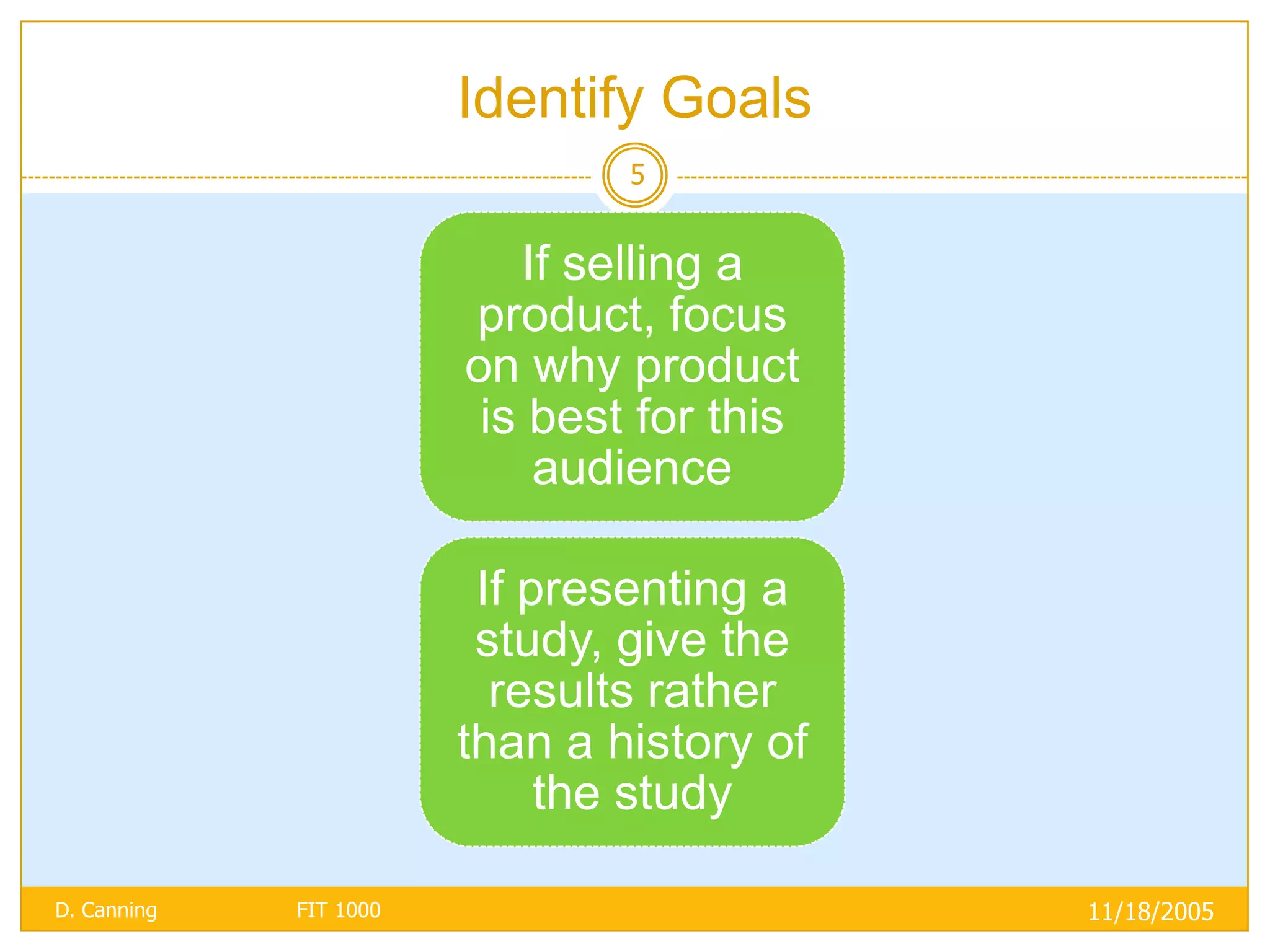 Identify Goals
                                5


                           If selling a
                        product, focus
                        on why product
                         is best for this
                            audience

                         If presenting a
                         study, give the
                          results rather
                        than a history of
                             the study

D. Canning   FIT 1000                       11/18/2005
 