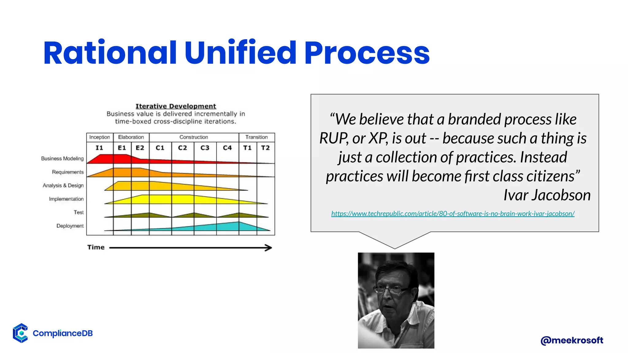 @meekrosoft
Rational Unified Process
“We believe that a branded process like
RUP, or XP, is out -- because such a thing is
just a collection of practices. Instead
practices will become ﬁrst class citizens”
Ivar Jacobson
https://www.techrepublic.com/article/80-of-software-is-no-brain-work-ivar-jacobson/
 