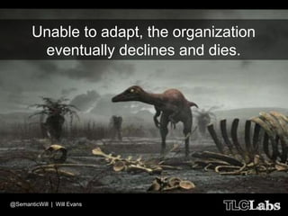 Unable to adapt, the organization
        eventually declines and dies.




@SemanticWill | Will Evans
 